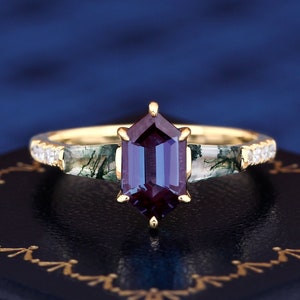 Hexagon Cut Alexandrite K Solid Gold Ring For Women Engagement Wedding Band Lab Created Alexandrite Natural Moss Agate Side Stone