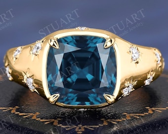 Natural London Blue Topaz Engagement ring, Yellow Gold Cushion cut ring, Art Deco Bezel Set Statement Ring, Tapered Shank Stacking Jewelry