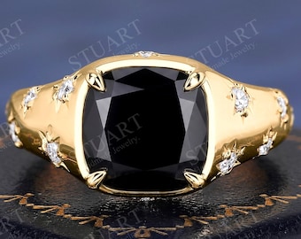 Natural Black Onyx Engagement ring, Yellow Gold Cushion cut Gemstone Ring, Art Deco Bezel Set Statement Ring, Tapered Shank Stacking Jewelry