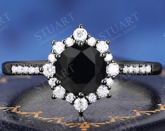 Ideal for Wedding/Engagement ring, Black Gold Round cut Natural Black Onyx Ring, Symbolizing Love & Commitment Unique Halo Ring
