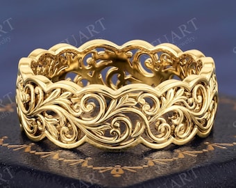 18K Yellow Gold Filigree Ring Vintage Victorian Band for Women Statement Scrollwork Openwork Jewelry Antique Inspired Wedding Anniversary