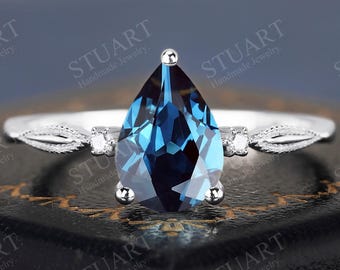 18K White Gold pear cut Natural London Blue Topaz ring for women engagement ring bridal handmade anniversary gifts for her Three Stone ring