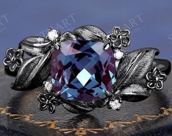 Alexandrite 18K Black Gold Cushion cut ring engagement ring anniversary gifts for women Flowery Leaf ring Handmade ring for her