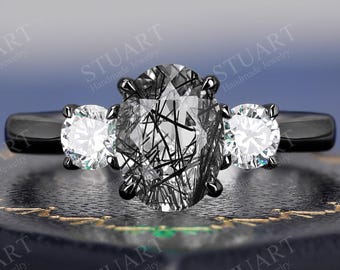 18K Black Gold ring Oval cut Natural Black Rutilated Quartz ring for Her Anniversary Three stone Engagement ring gifts for women