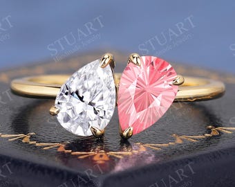 Toi et Moi ring Firework teardrop moissanite & Pink Sapphire ring 18K Solid Gold Engagement ring gifts for her Anniversary Handmade ring