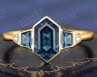 18K yellow Gold Natural London Blue Topaz ring Handmade Bezel Classic Three stone Engagement ring Moissanite Accents