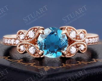Natural London Blue Topaz ring K solid Gold Ring Vintage Ring For Women Engagement Ring Wedding Band Anniversary Bridal Handmade Ring