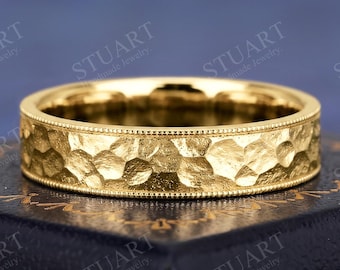 Handmade Hammered Wedding Band, Vintage Milgrain 14K Yellow Gold ring for her Textured Bridal Jewelry Antique Style Anniversary Gift