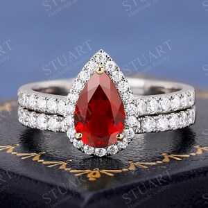 Two-Tone Ring Pear Cut Red Ruby Sterling Silver Ring Set Engagement Ring Handmade Bridal Set Anniversary Gifts For Girlfriend