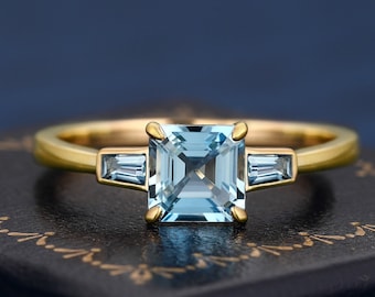 Asscher Cut Natural Aquamarine K Solid Gold Ring Three Stone Ring Engagement Ring For Women Wedding Band Anniversary Gifts