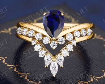 Bridal Set Pear Cut Lab Created Sapphire K Solid Gold Ring Set For Women Engagement Ring Wedding Band Blue Gemstone Stackable Ring For Her