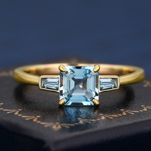 Asscher Cut Natural Aquamarine K Solid Gold Ring Three Stone Ring Engagement Ring For Women Wedding Band Anniversary Gifts
