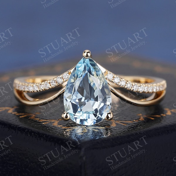 Natural Diamond Ring Pear Cut Natural Aquamarine K Solid Gold Ring For Engagement Ring Wedding Band Bridal Ring For Women Luxury Ring