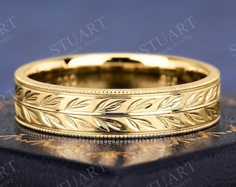 14K Yellow Gold Olive Leaf Wedding Band Vintage Victorian Milgrain Ring for Men Women, Engraved Laurel Wreath Antique Style Anniversary Gift