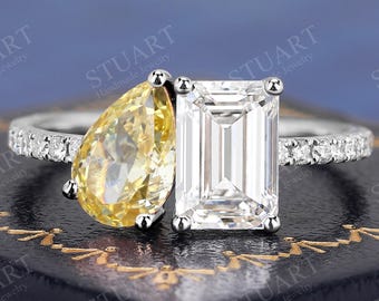 Toi et Moi ring Yellow CZ & White moissantie ring Solid Gold Engagement ring wedding gifts for her Anniversary Handmade Birthstone Ring