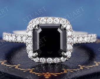 Asscher cut Natural Black Onyx ring 18K White Gold Ring For Women Natural Diamond Engagement ring Handmade Anniversary Promise Ring