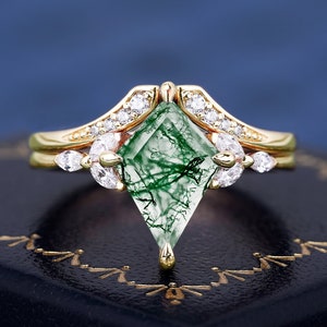 925 Silver Gemstone Ring Set Kite Shape Natural Moss Agate Ring Set para mujeres Anillo de compromiso Wedding Band Regalos de aniversario hechos a mano