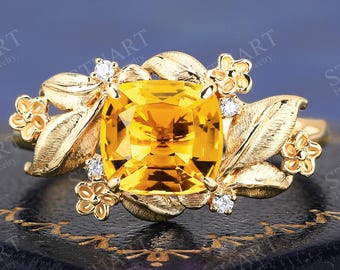 Nature Inspired Cushion shaped Natural Citrine ring 18K yellow Gold engagement ring gifts for her Handmade Flowery Leaf ring yellow gemstone