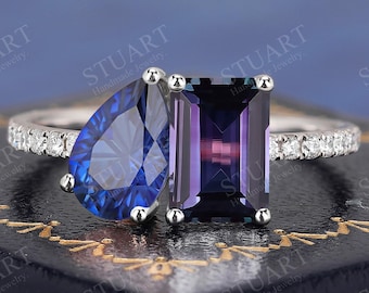 Firework Sapphire & Alexandrite ring Toi et Moi ring White Gold Engagement ring wedding gifts for her Anniversary Handmade Ring
