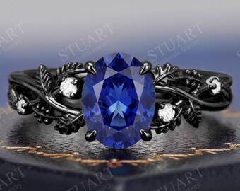 Oval cut Blue Sapphire ring Black Gold Plated Nature Inspired Leaf Engagement ring Victorian Botanical Branch Solitaire Anniversary gift