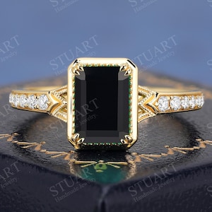 Vintage Natural Black Onyx ring Solid Gold engagement ring proposal statement promise handmade golden ring gemstone ring gifts for women