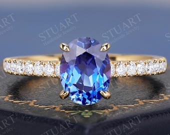 18K yellow gold Nature Inspired Oval cut Natural Tanzanite ring moissanite engagement ring Handmade for girlfriend Special wedding ring