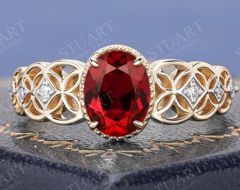 Natürlicher Diamantring 18K Gelbgoldring Rubinring für Frauen Verlobungsring Handgemachter Vorschlag Geschenke für sie Roter Edelstein Ring