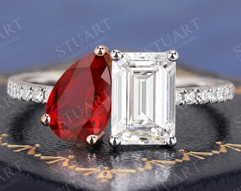 18K Two-tone Gold Toi et Moi ring Red Ruby & White Moissantie ring Engagement ring wedding gift for her Anniversary Handmade Birthstone Ring