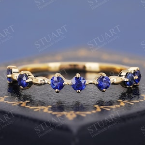 18K Yellow Gold Dainty Band Natural Sapphire and For Women Luxury Handmade Wedding Band Handmade Band Anniversary Gifts For Her