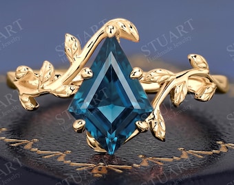 Kite cut Natural London Blue Topaz 18K yellow Gold ring for women Solitaire engagement ring Nature Inspired leaf ring Anniversary gifts