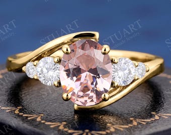 14K Yellow Oval Morganite Engagement ring Gold Bypass Minimalist Pink Gemstone Ring moissanite Unique gifts for her