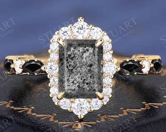 Solid Gold Emerald cut Natural Herkimer Diamond ring For Women Engagement ring Salt and pepper quartz Promise Anniversary Gifts For Her