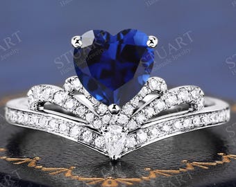 Heart cut Sapphire Platinum ring Luxury Engagement ring for women Handmade Blue gemstone Anniversary Gifts For Her Ring Unique Ring