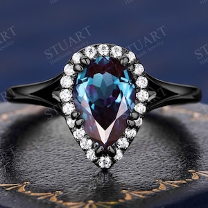 Black Gold Pear shaped Alexandrite ring for women Engagement ring color changing stone ring for girlfriend bridal promise anniversary ring