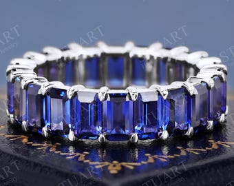 18K white Gold Blue Sapphire Eternity Band For Women Emerald Cut Gemstone Luxury Ring Engagement Ring Wedding Band Anniversary Gifts