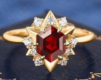 Sechseck geschnitten Rubin 18K Gelbgold Ring für Frauen Verlobungsring Hochzeitsband Moissanit Jahrestag handgemachte Ring Geschenke für sie