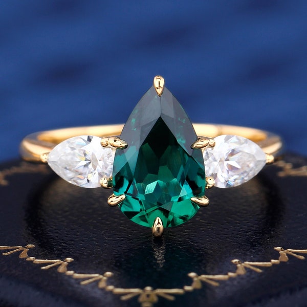 Pear Cut Lab Created Emerald K Solid Gold Ring Moissanite Ring For Women Engagement Wedding Band Promise Handmade Three Stone Ring