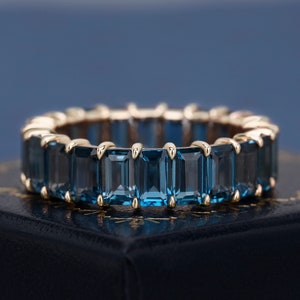 18K Rose Gold Emerald Cut Natural London Blue Topaz Ring For Women Wedding Band Engagement Band Gemstone Handmade Art Deco Ring For Her Gift