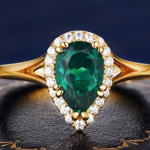 Pear shops Cut Lab Created Emerald K Solid Gold Ring Wedding Engagement Band Gemstone Handmade Gold Ring For Women Bridal Promise Ring