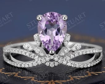 Platinum Pear cut Natural Lavender Amethyst ring engagement ring for women moissanite handmade ring Anniversary gifts for her