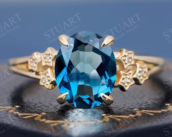 Oval London Blue Topaz ring 14K Yellow Gold Celestial Star Engagement Band Art Deco Vintage Style Split Shank Promise Gift for Her