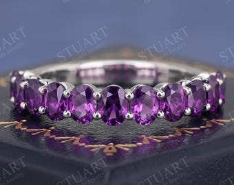 Oval cut Natural Amethyst Half Eternity band for women handmade white gold wedding band classic minimalist elegant ring anniversary