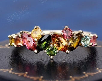 K Solid Gold Ring Natural Tourmaline For Women Wedding Engagement Band Rainbow Gemstone Handmade Cluster Ring