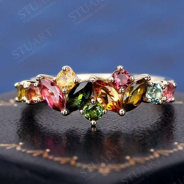 K Solid Gold Ring Natural Tourmaline For Women Wedding Engagement Band Rainbow Gemstone Handmade Cluster Ring