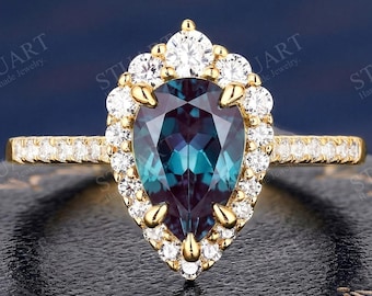 Gifts For Her K Solid Gold Pear cut Alexandrite ring For Women Engagement ring Wedding Handmade Promise Gold Ring Color-change gemstone