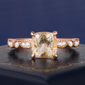 Natural Gold Rutilated Quartz Cushion Cut K Solid Gold Ring For Women Engagement Wedding Ring Promise Elegant Ring Vintage Gifts For Her