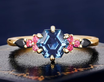 Geschenke für sie K Solid Gold Hexagon Cut Natürlicher London Blue Topas Ring für Frauen Verlobungsband Ehering Handgemachter Versprechen RIng