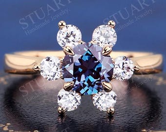 6.0mm Round cut Alexandrite Solid Gold Ring For Women Wedding Engagement ring Band Gifts For Her Anniversary Gifts Girlfriend ring