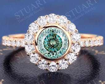 Round Cut Portuguese Moissanite Engagement Ring 18K yellow Gold Ring For Women Anniversary Promise Halo Ring For Women Handmade Wedding