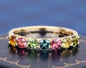 Round Cut Natural Colourful Tourmaline Ring For Women Solid Gold Wedding Engagement Band Gemstone Rainbow Color Ring Anniversary Ring Gift